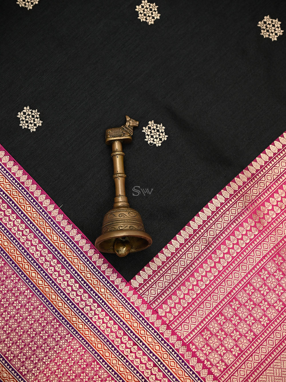 Black Booti Tussar Silk Handloom Banarasi Saree - Sacred Weaves