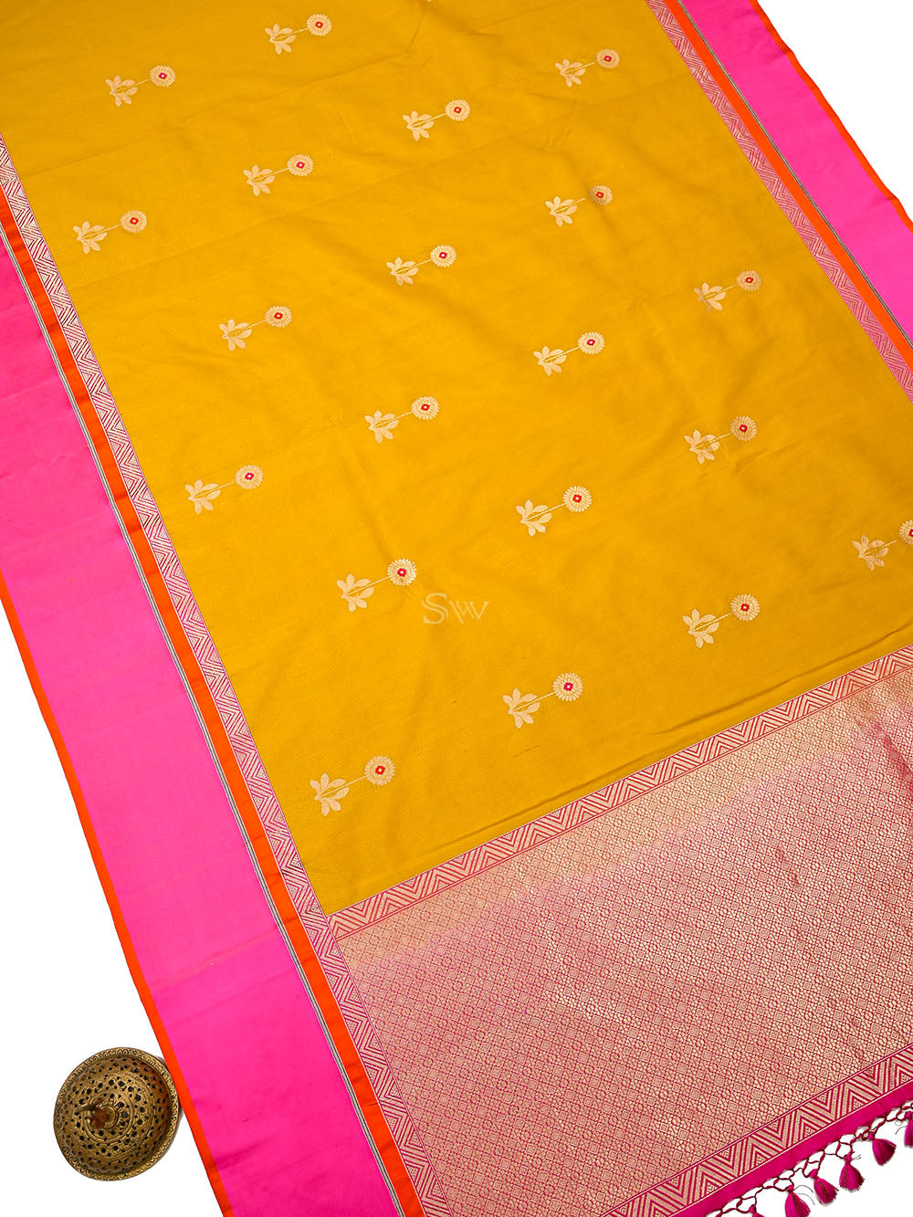 Yellow Booti Tussar Silk Handloom Banarasi Saree - Sacred Weaves