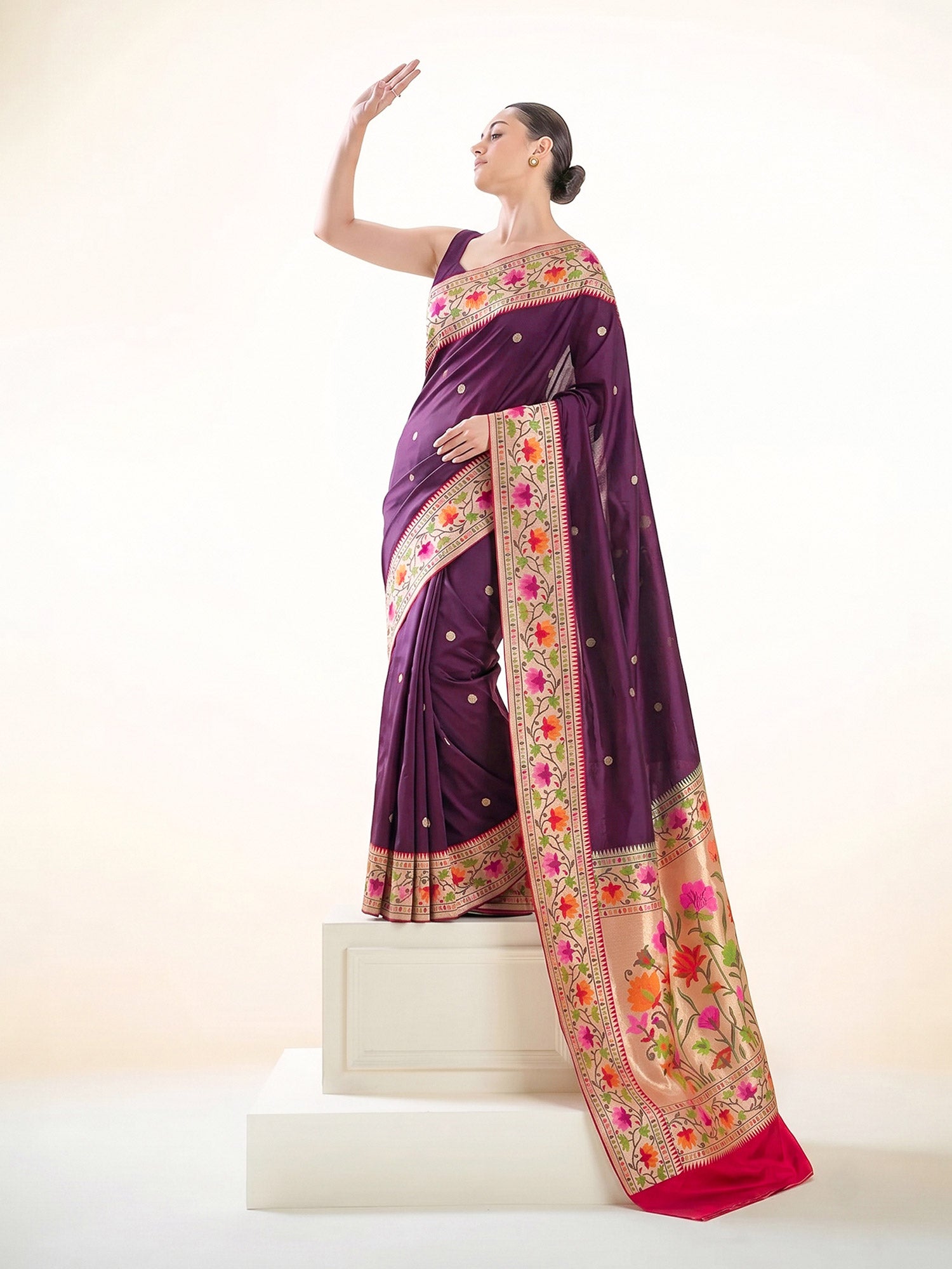 Wine Booti Paithani Katan Silk Handloom Banarasi Saree - Sacred Weaves