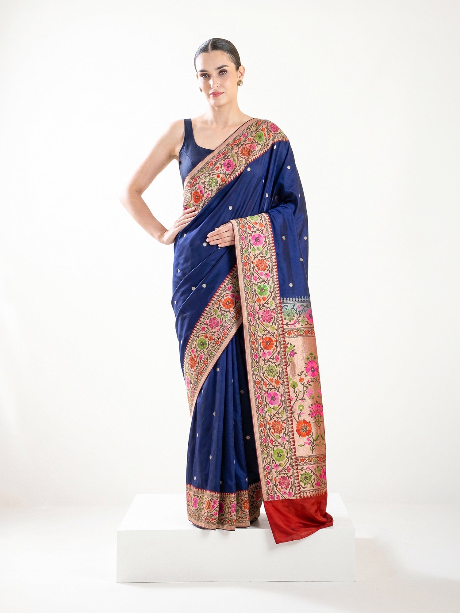Blue Booti Paithani Katan Silk Handloom Banarasi Saree - Sacred Weaves