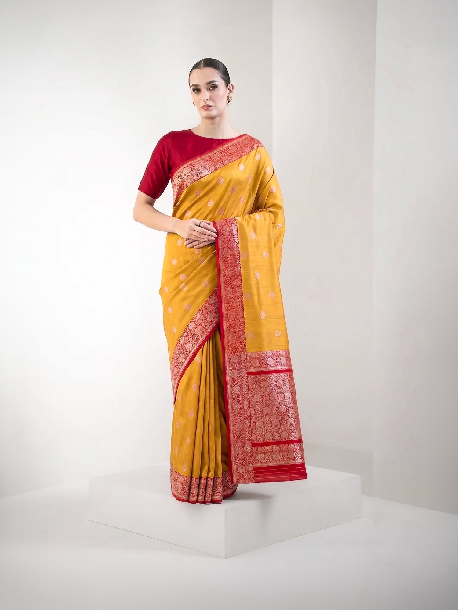 Mustard Red Booti Tussar Silk Handloom Banarasi Saree - Sacred Weaves