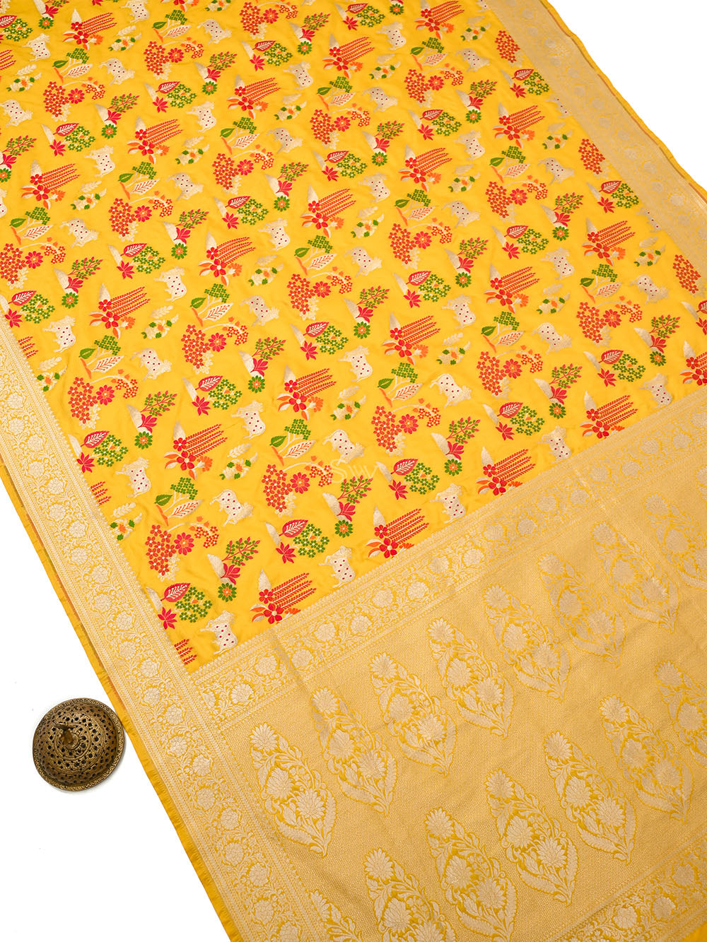 Yellow Shikargah Meenakari Katan Silk Handloom Banarasi Saree - Sacred Weaves