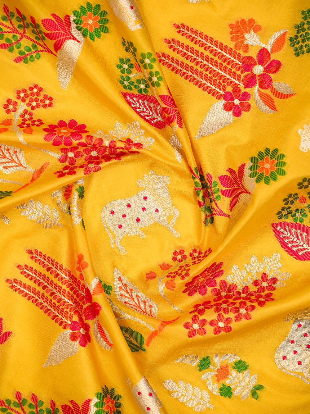 Yellow Shikargah Meenakari Katan Silk Handloom Banarasi Saree - Sacred Weaves