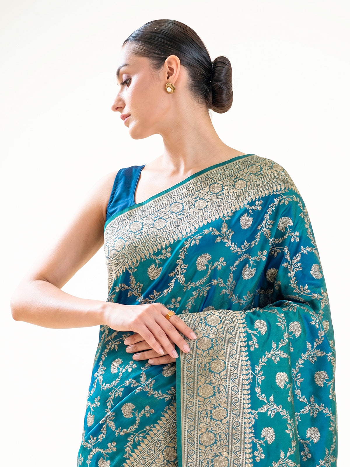 Teal Green Floral Zari Jaal Uppada Katan Silk Handloom Banarasi Saree - Sacred Weaves