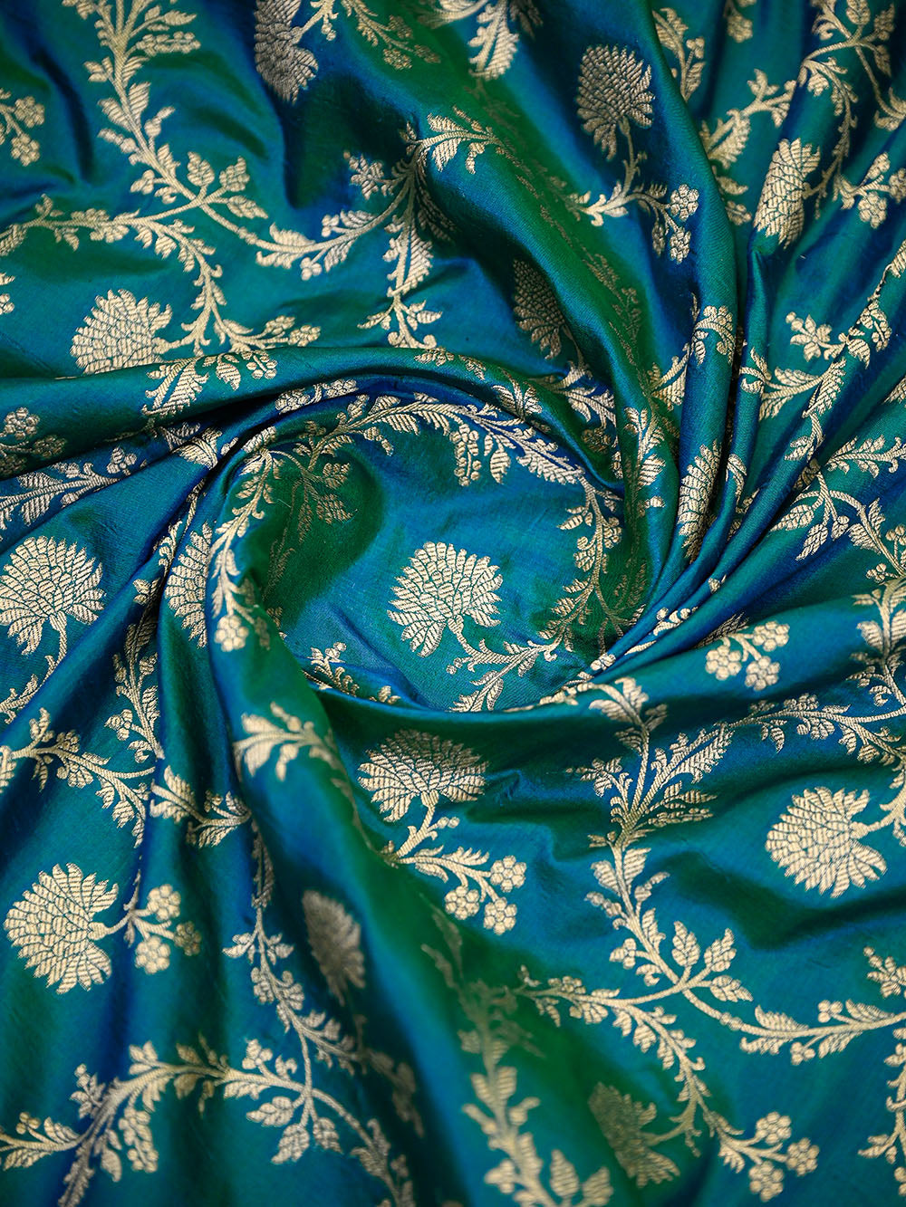 Teal Green Floral Zari Jaal Uppada Katan Silk Handloom Banarasi Saree - Sacred Weaves