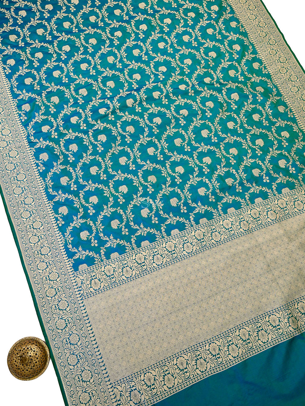 Teal Green Floral Zari Jaal Uppada Katan Silk Handloom Banarasi Saree - Sacred Weaves