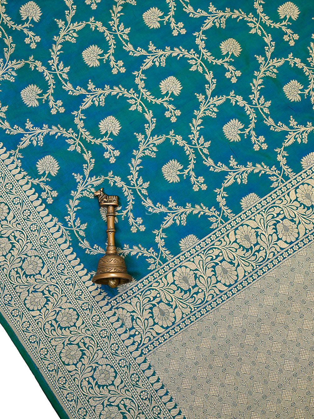 Teal Green Floral Zari Jaal Uppada Katan Silk Handloom Banarasi Saree - Sacred Weaves