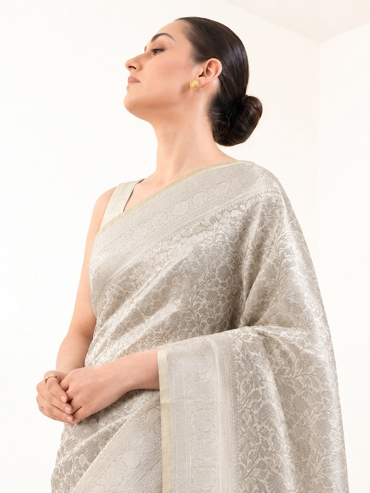 Cream Katan Silk Tissue Brocade Handloom Banarasi Saree - Sacred Weaves