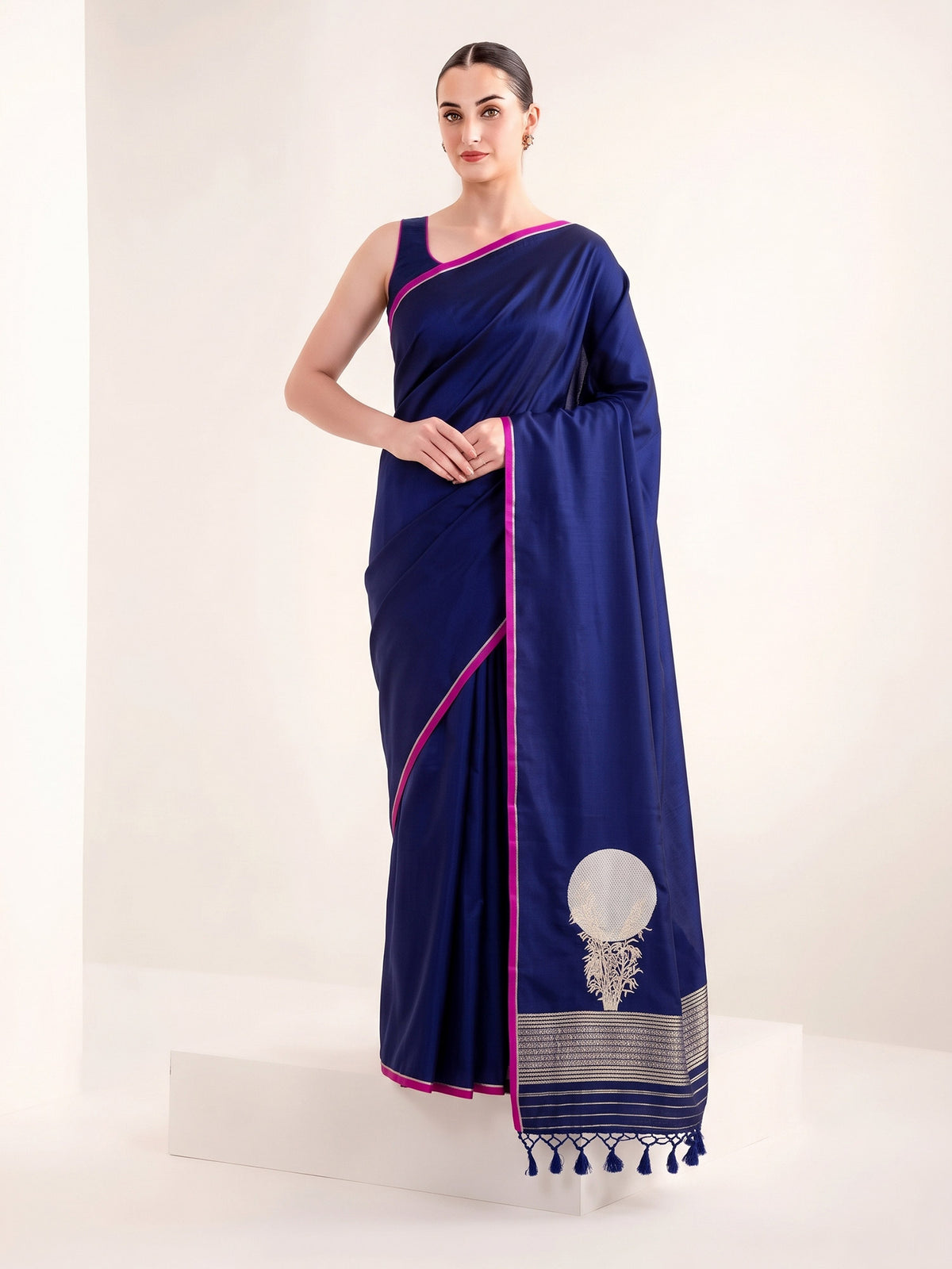 Navy Blue Plain Sona Roopa Satin Silk Handloom Banarasi Saree - Sacred Weaves
