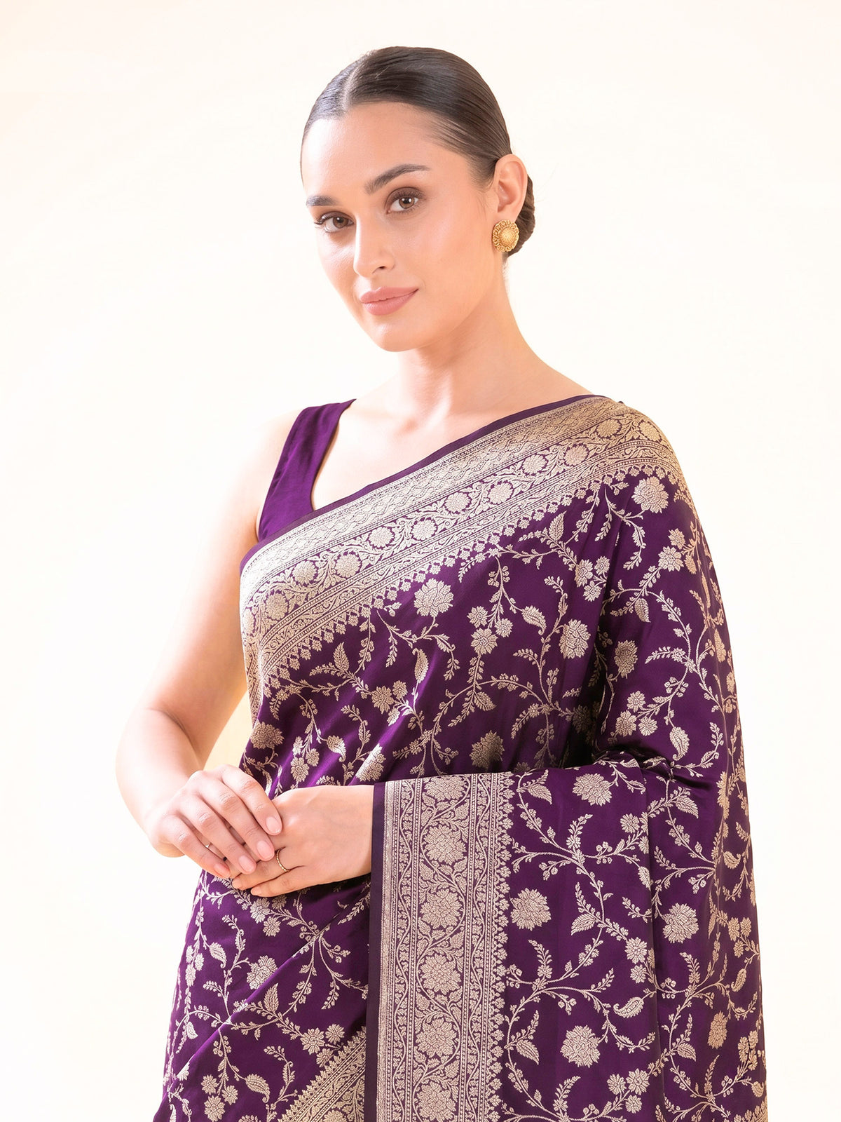 Dark Purple Uppada Zari Jaal Katan Silk Handloom Banarasi Saree - Sacred Weaves