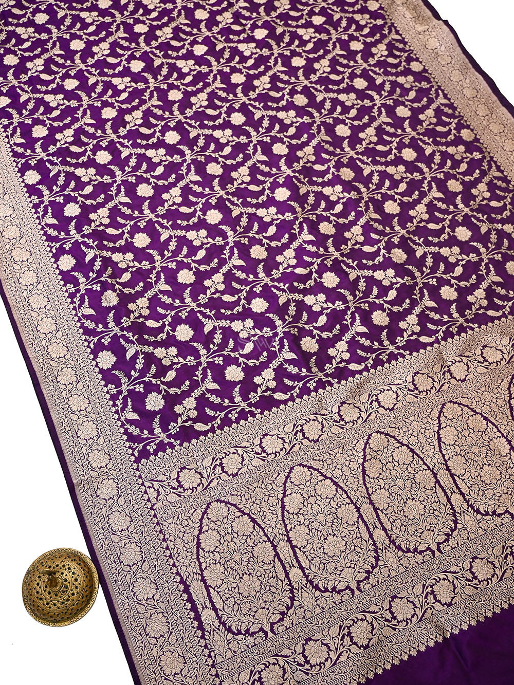 Dark Purple Uppada Zari Jaal Katan Silk Handloom Banarasi Saree - Sacred Weaves