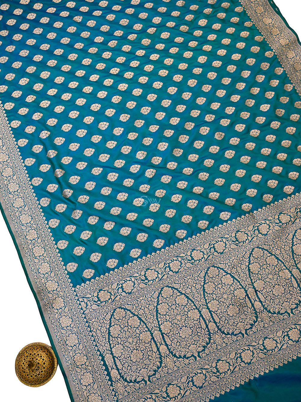 Blue Green Floral Boota Uppada Katan Silk Handloom Banarasi Saree - Sacred Weaves