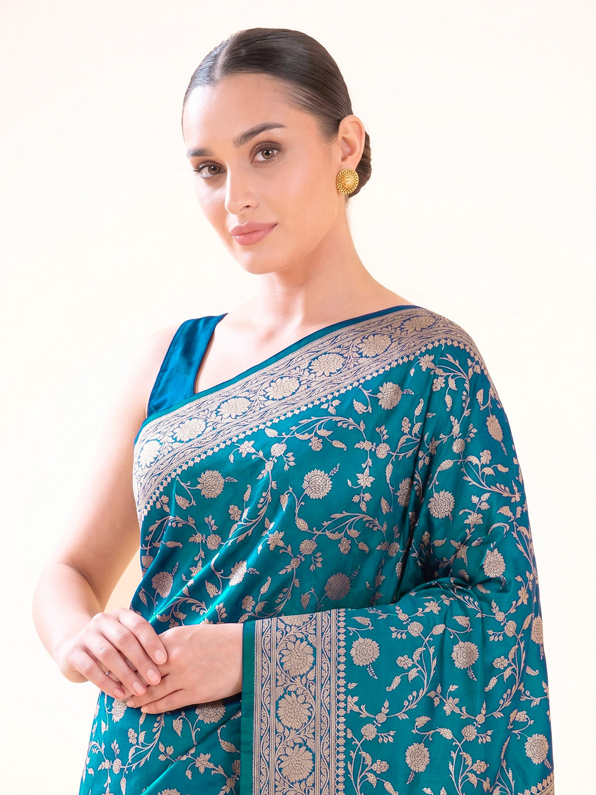 Teal Blue Floral Zari Jaal Uppada Katan Silk Handloom Banarasi Saree - Sacred Weaves