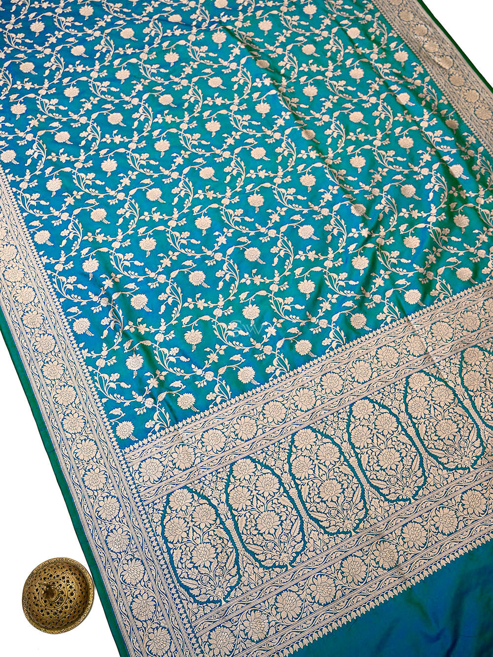 Teal Blue Floral Zari Jaal Uppada Katan Silk Handloom Banarasi Saree - Sacred Weaves