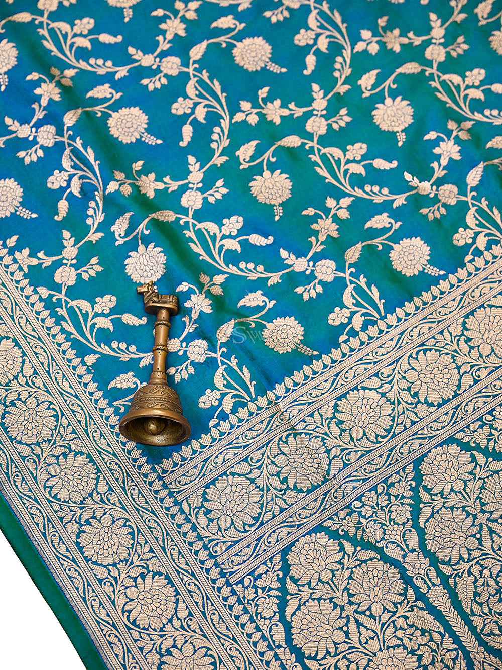 Teal Blue Floral Zari Jaal Uppada Katan Silk Handloom Banarasi Saree - Sacred Weaves