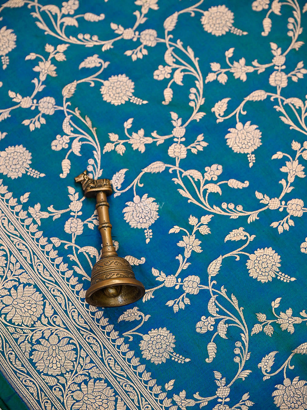 Teal Blue Floral Zari Jaal Uppada Katan Silk Handloom Banarasi Saree - Sacred Weaves