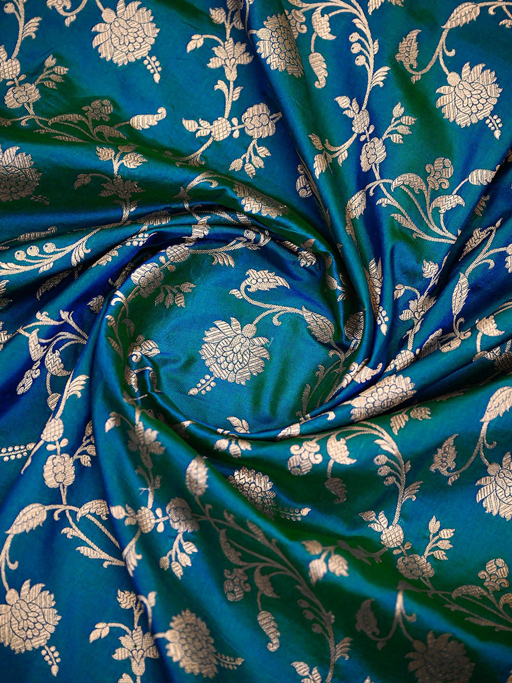 Teal Blue Floral Zari Jaal Uppada Katan Silk Handloom Banarasi Saree - Sacred Weaves