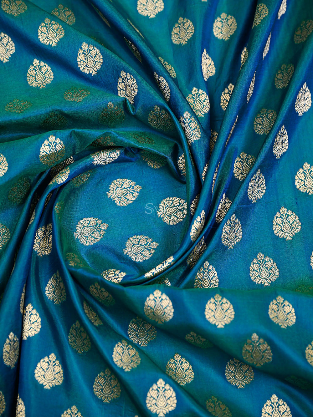 Green Blue Floral Booti Uppada Katan Silk Handloom Banarasi Saree - Sacred Weaves
