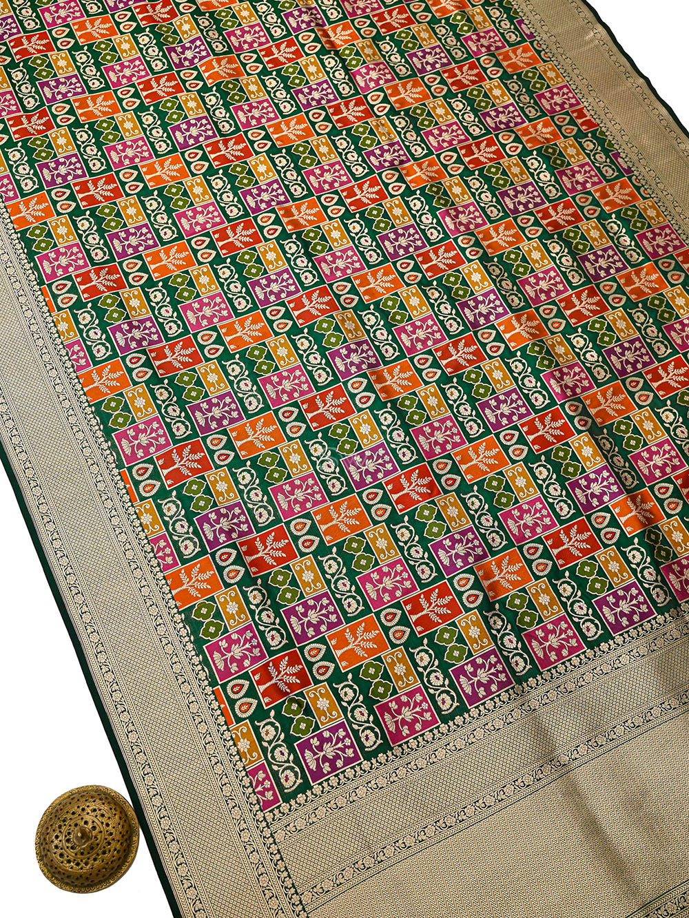 Bottle Green Rangkat Jaal Katan Silk Handloom Banarasi Saree - Sacred Weaves