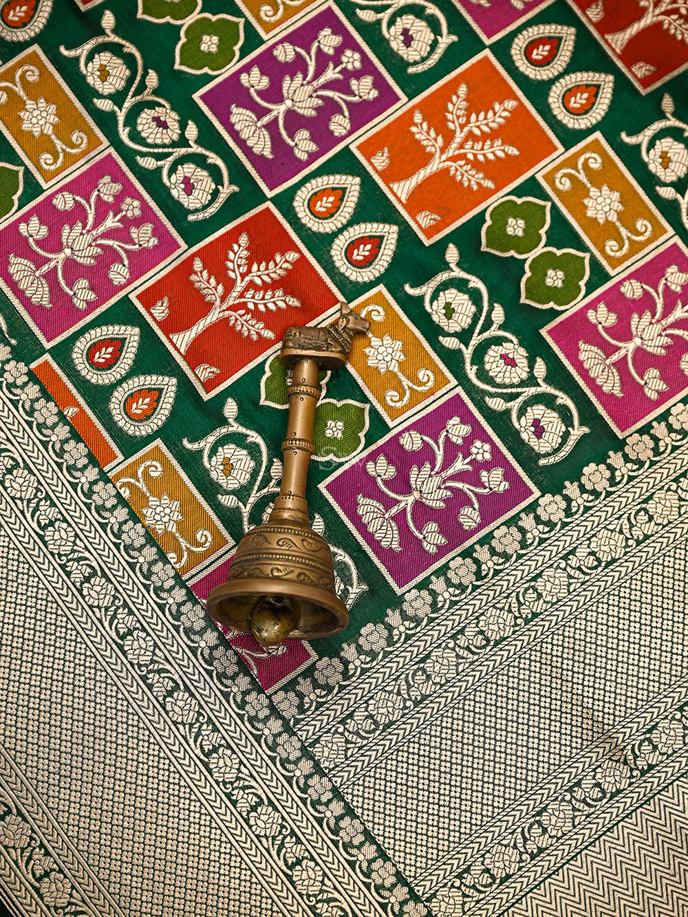 Bottle Green Rangkat Jaal Katan Silk Handloom Banarasi Saree - Sacred Weaves