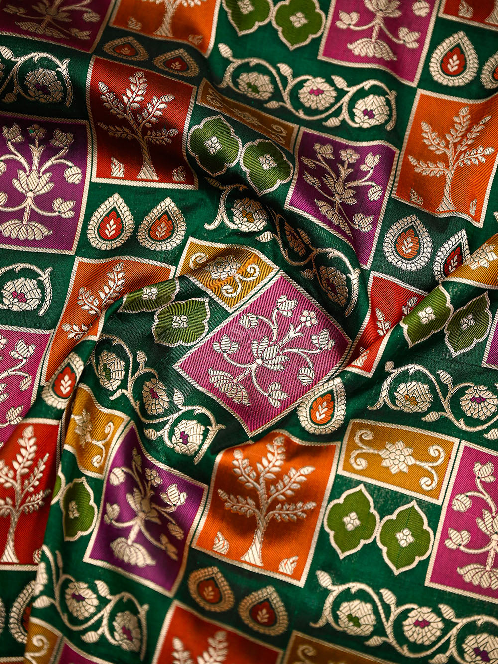 Bottle Green Rangkat Jaal Katan Silk Handloom Banarasi Saree - Sacred Weaves