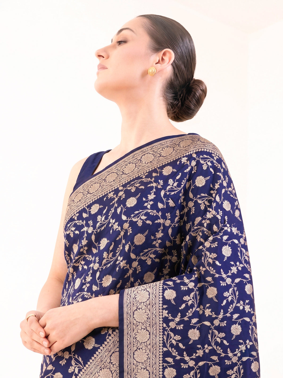Navy Blue Uppada Zari Jaal Katan Silk Handloom Banarasi Saree - Sacred Weaves
