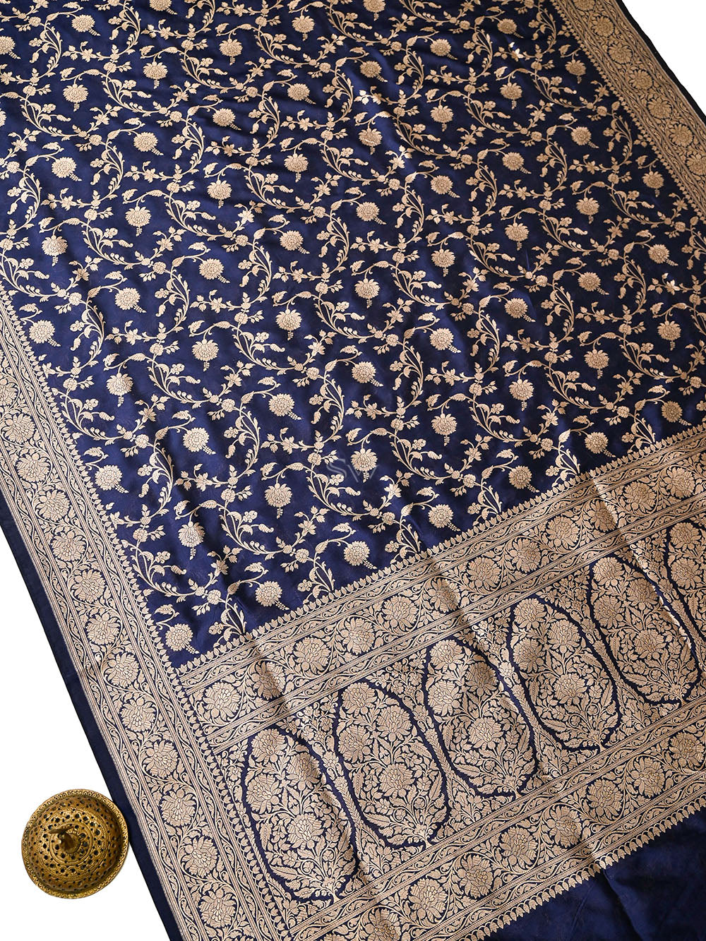 Navy Blue Uppada Zari Jaal Katan Silk Handloom Banarasi Saree - Sacred Weaves