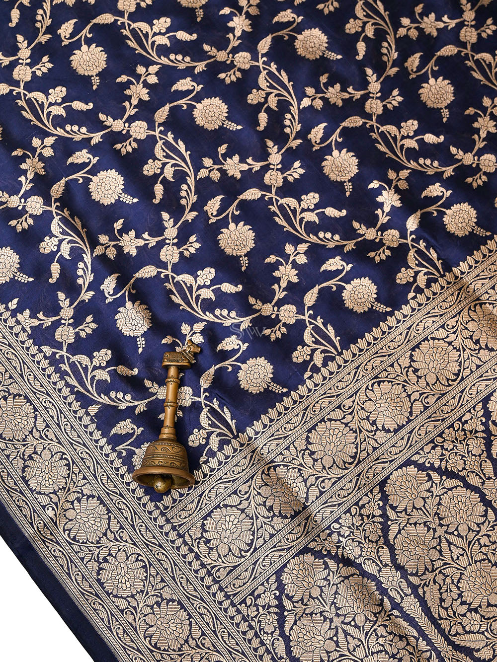Navy Blue Uppada Zari Jaal Katan Silk Handloom Banarasi Saree - Sacred Weaves