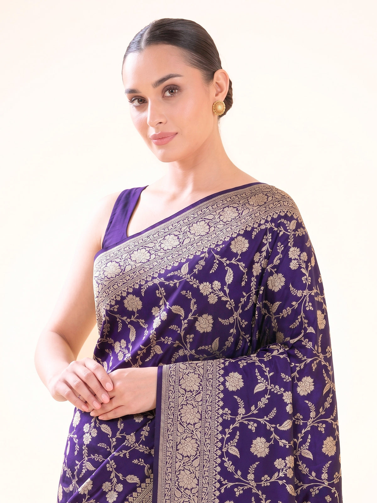 Purple Floral Zari Jaal Uppada Katan Silk Handloom Banarasi Saree - Sacred Weaves