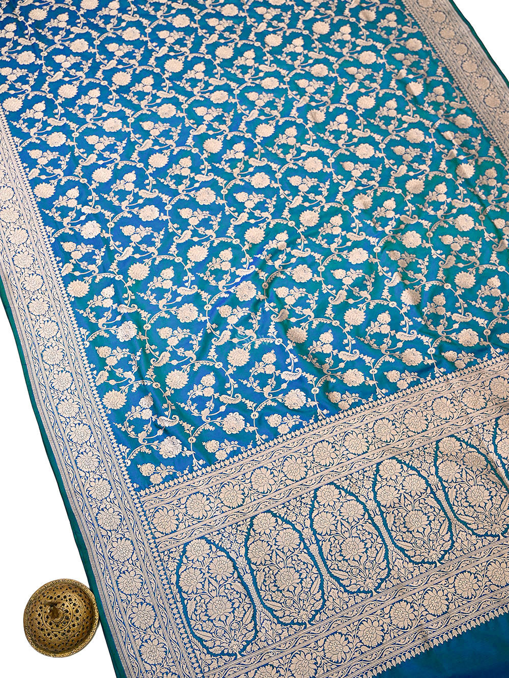 Peacock Blue Uppada Zari Jaal Katan Silk Handloom Banarasi Saree - Sacred Weaves