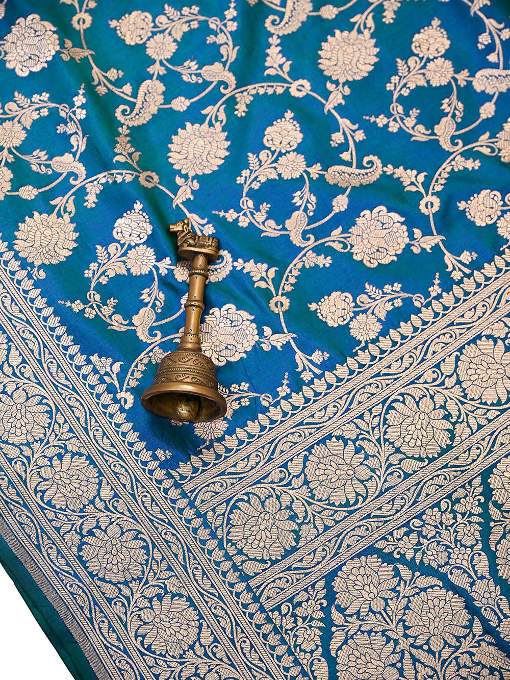Peacock Blue Uppada Zari Jaal Katan Silk Handloom Banarasi Saree - Sacred Weaves