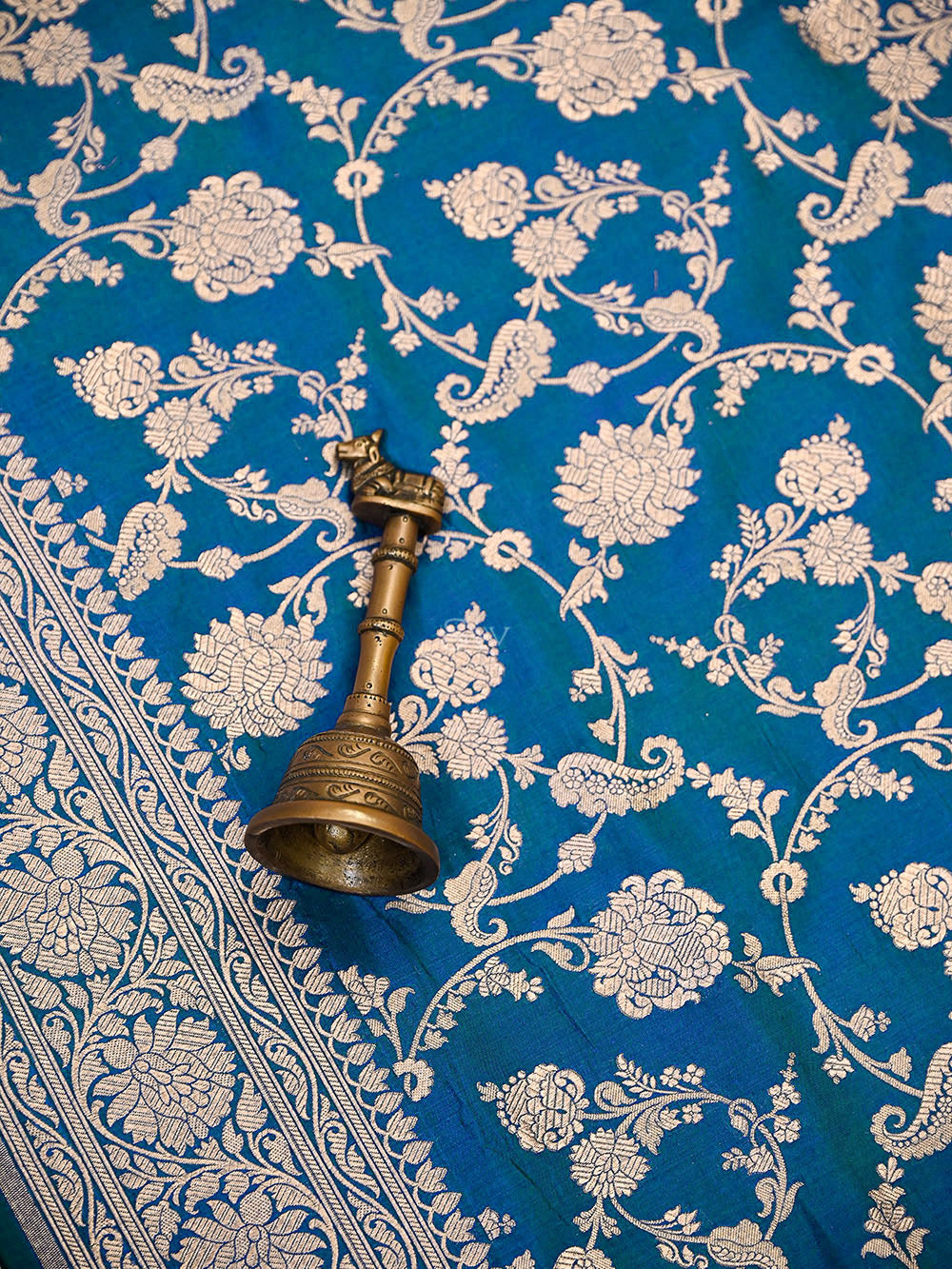 Peacock Blue Uppada Zari Jaal Katan Silk Handloom Banarasi Saree - Sacred Weaves