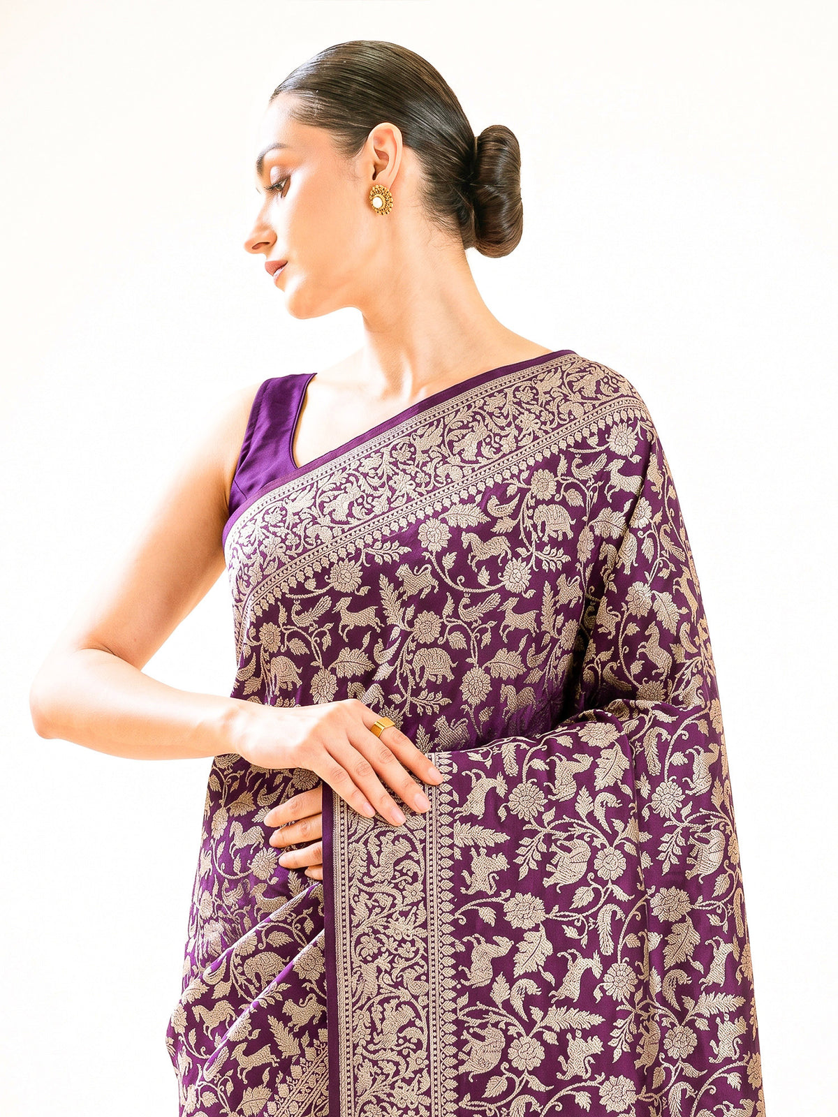 Purple Shikargah Brocade Katan Silk Handloom Banarasi Saree - Sacred Weaves