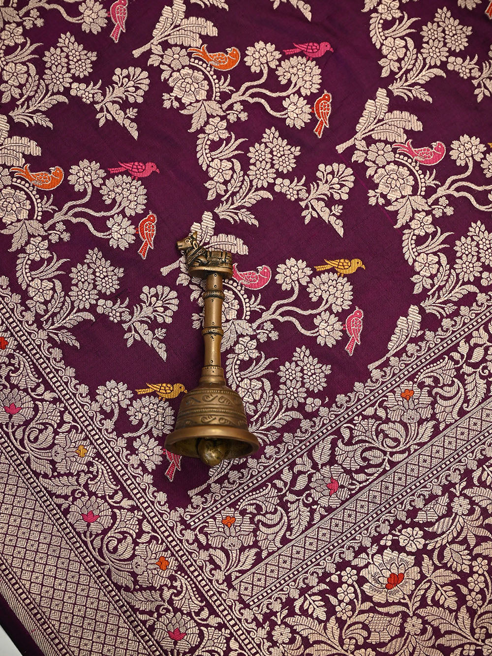 Wine Shikargah Meenakari Katan Silk Handloom Banarasi Saree - Sacred Weaves