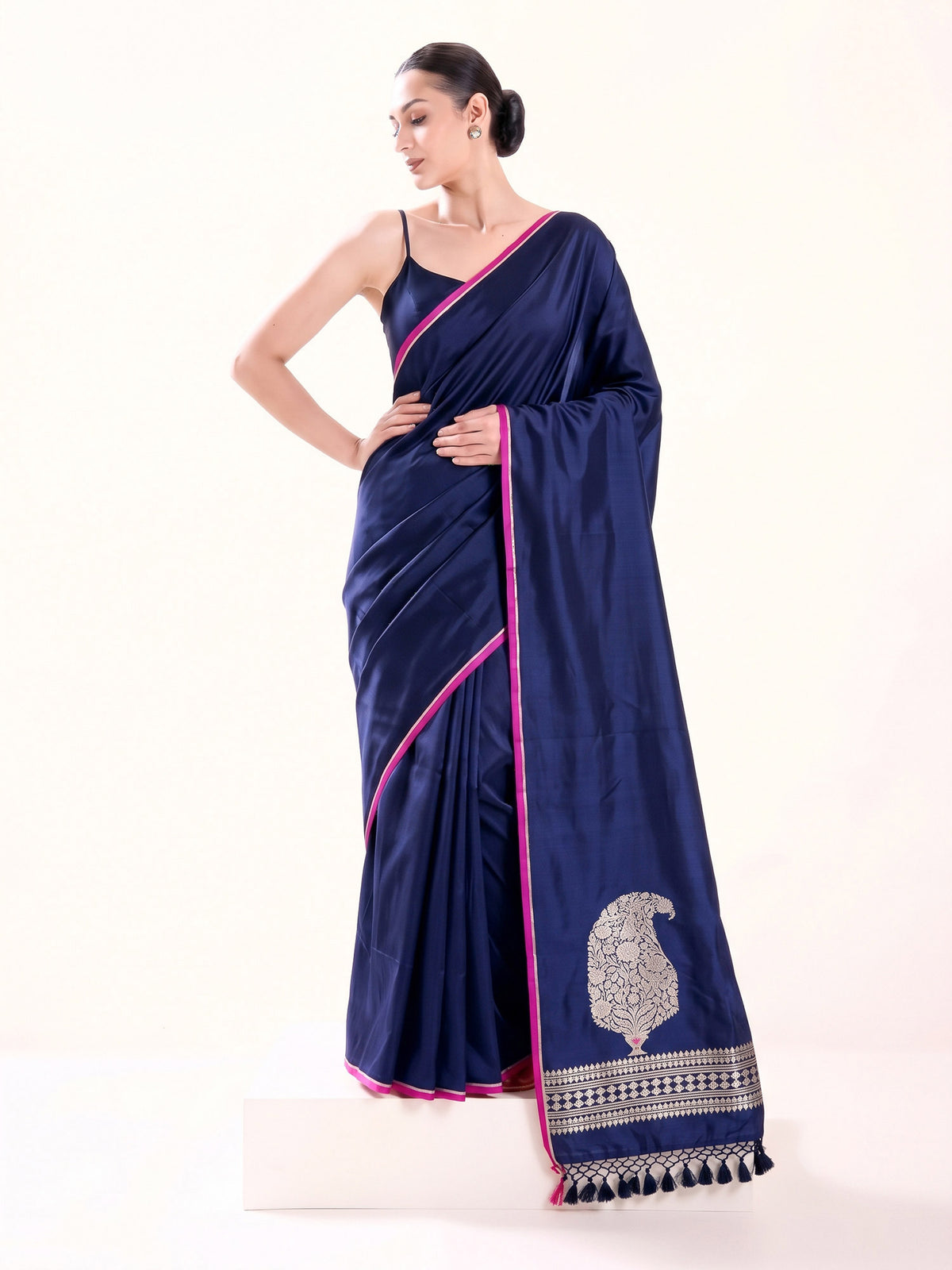 Navy Blue Plain Zari Satin Silk Handloom Banarasi Saree - Sacred Weaves