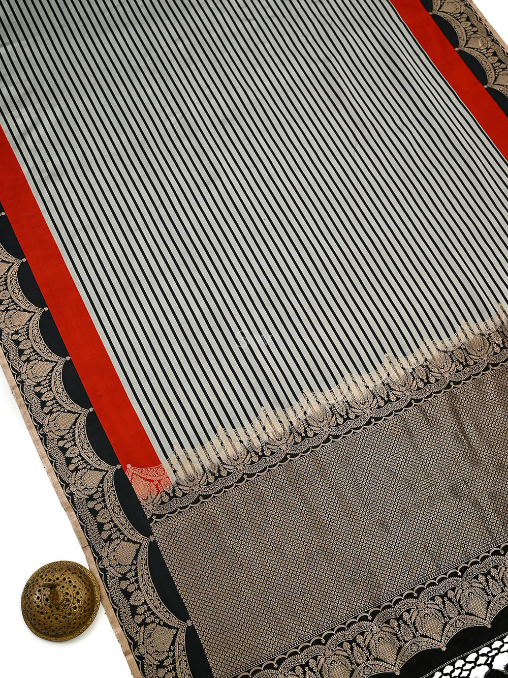 Grey Black Stripe Satin Silk Handloom Banarasi Saree - Sacred Weaves
