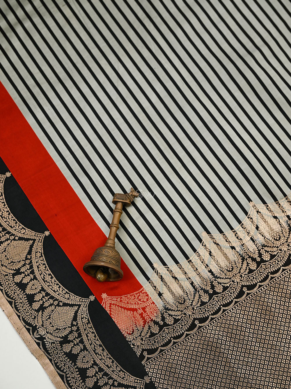 Grey Black Stripe Satin Silk Handloom Banarasi Saree - Sacred Weaves