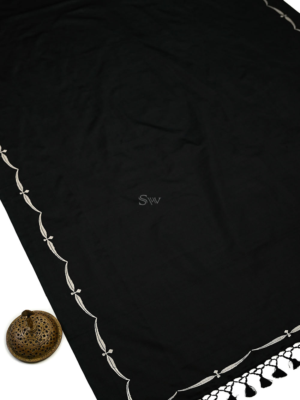 Contemporary Black Plain Satin Silk Handloom Banarasi Saree - Sacred Weaves
