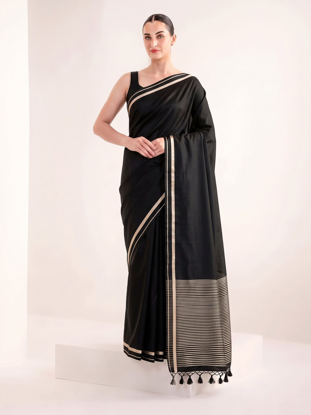 Black Plain Satin Silk Handloom Banarasi Saree - Sacred Weaves