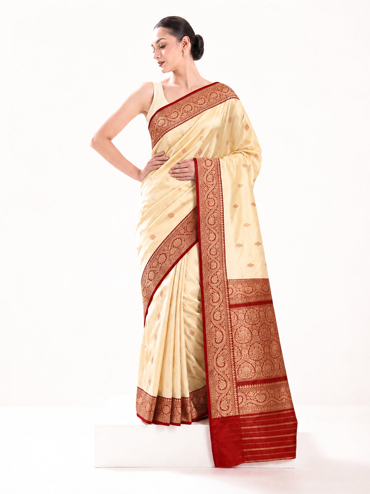 Beige Maroon Floral Boota Katan Silk Handloom Banarasi Saree - Sacred Weaves