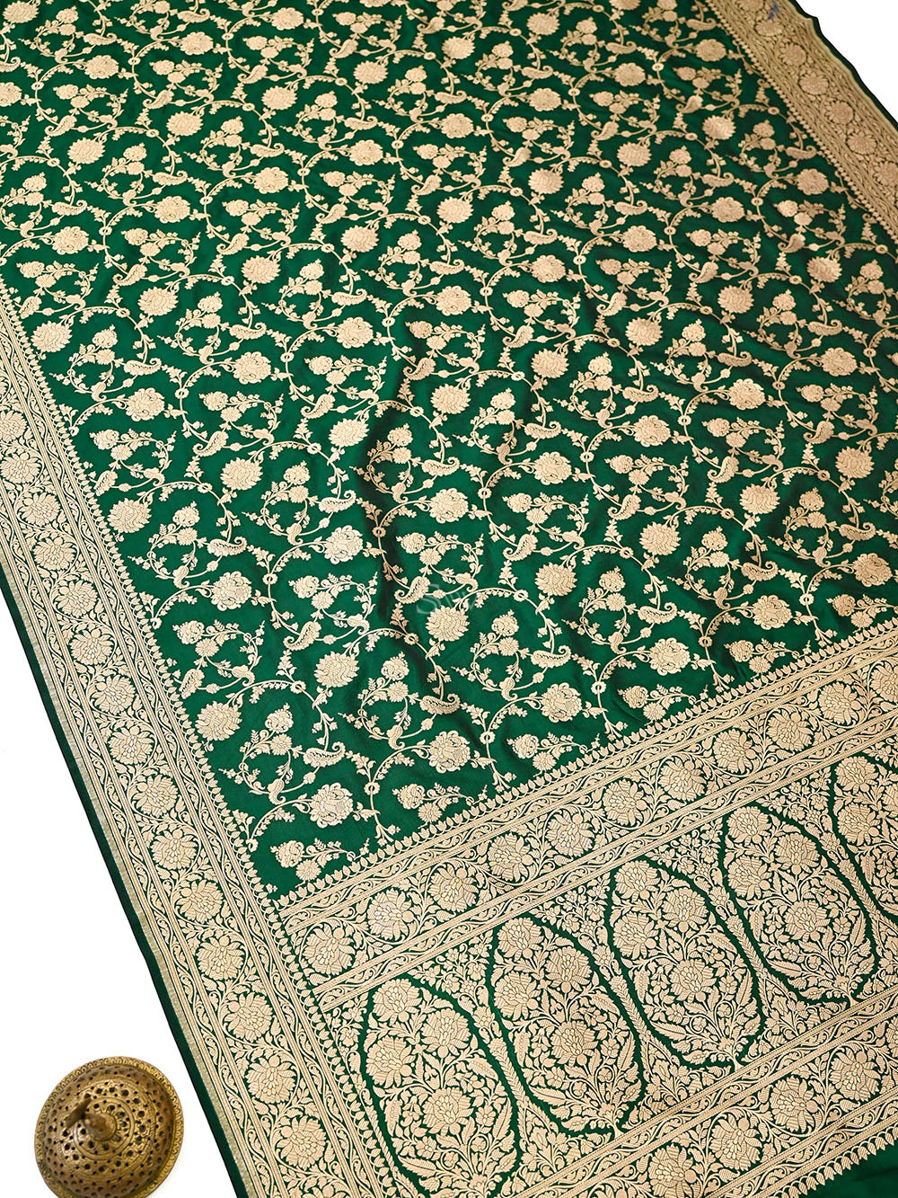 Bottle Green Floral Jaal Uppada Katan Silk Handloom Banarasi Saree - Sacred Weaves