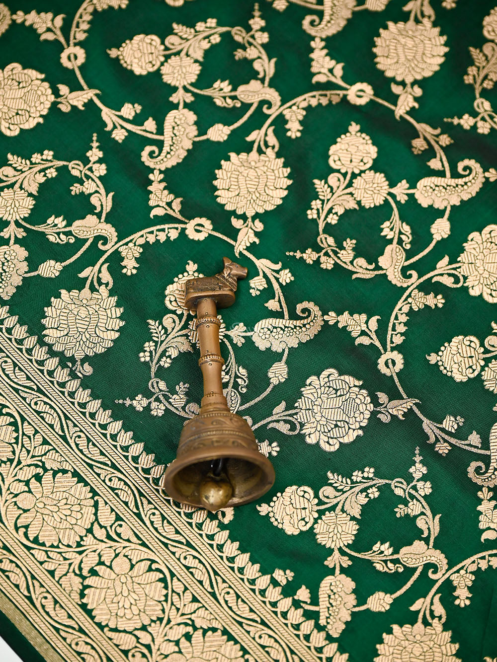 Bottle Green Floral Jaal Uppada Katan Silk Handloom Banarasi Saree - Sacred Weaves