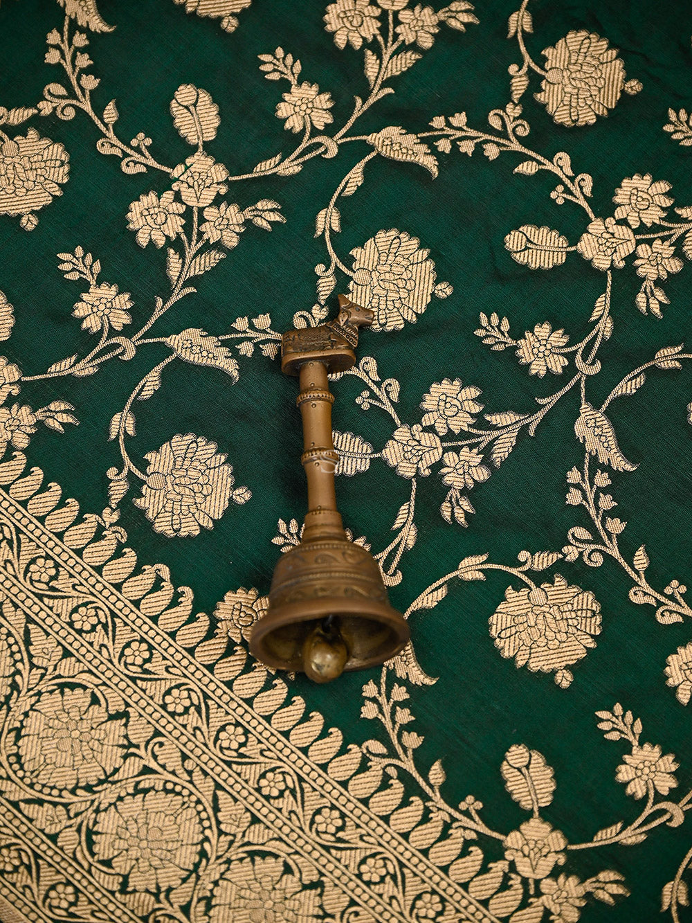 Bottle Green Floral Zari Jaal Uppada Katan Silk Handloom Banarasi Saree - Sacred Weaves