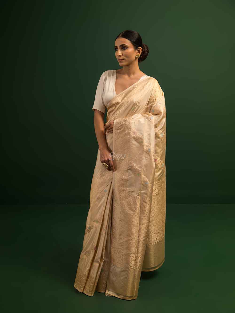 Beige Meenakari Katan Silk Tissue Handloom Banarasi Saree - Sacred Weaves