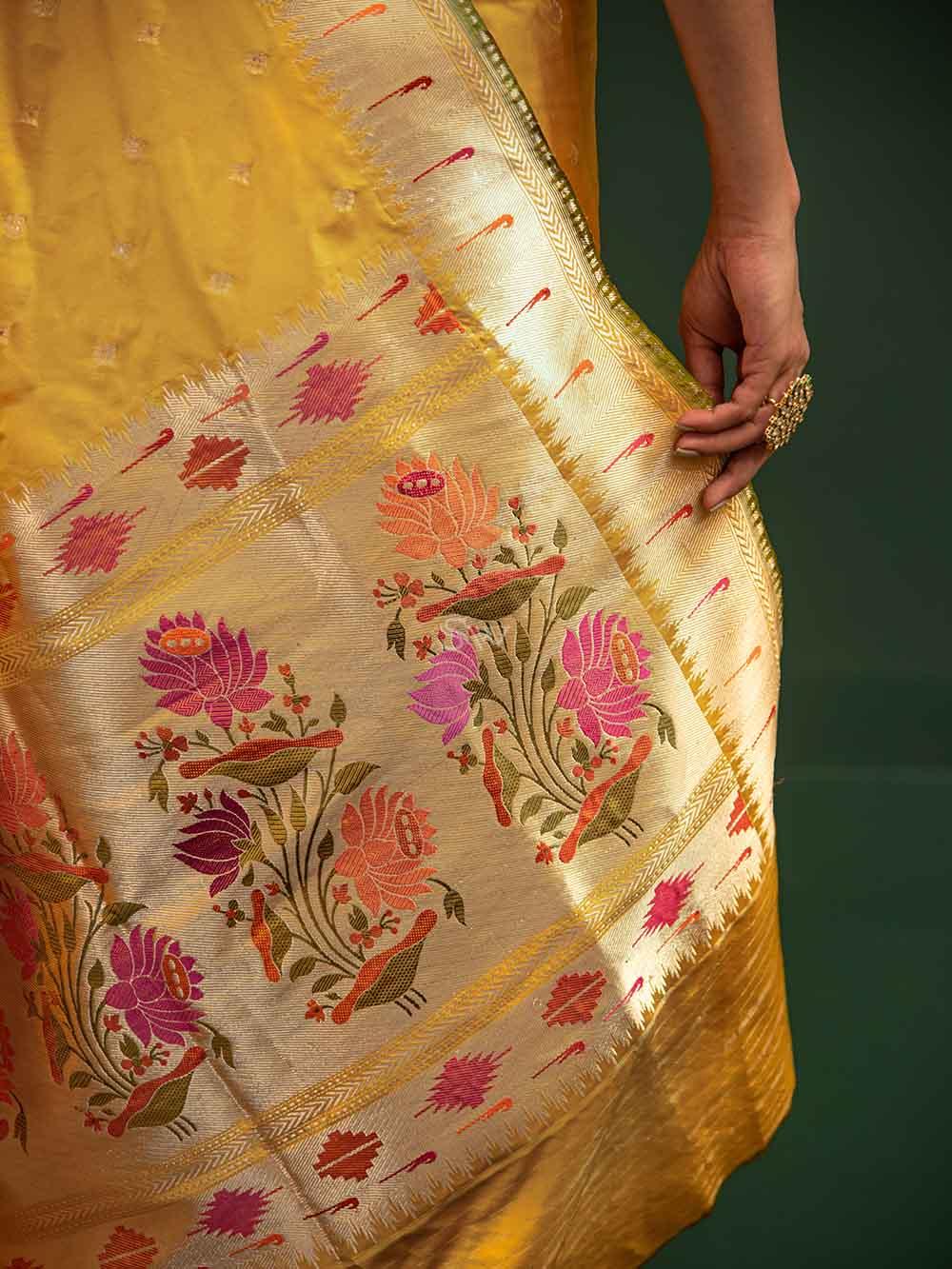 Mustard Paithani Katan Silk Handloom Banarasi Saree - Sacred Weaves