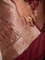 Dark Brown Meenakari Uppada Katan Silk Handloom Banarasi Saree - Sacred Weaves