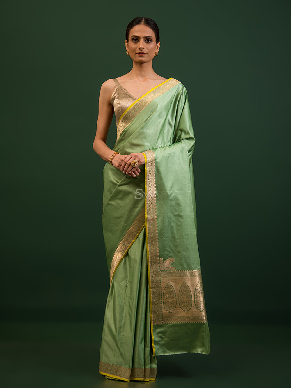 Pastel Green Konia Satin Silk Handloom Banarasi Saree - Sacred Weaves