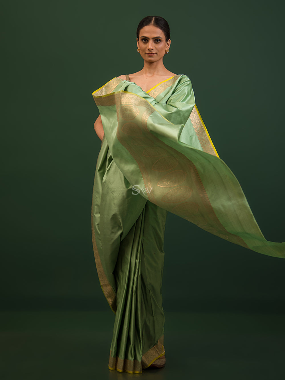 Pastel Green Konia Satin Silk Handloom Banarasi Saree - Sacred Weaves