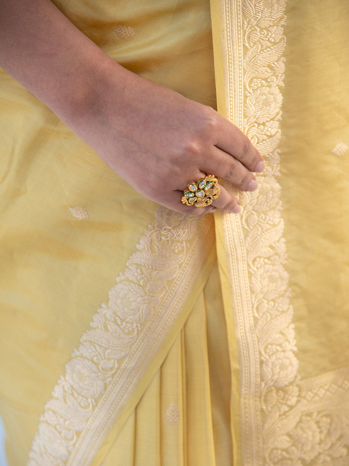 Lime Yellow Booti Tissue Katan Silk Handloom Banarasi Saree - Sacred Weaves