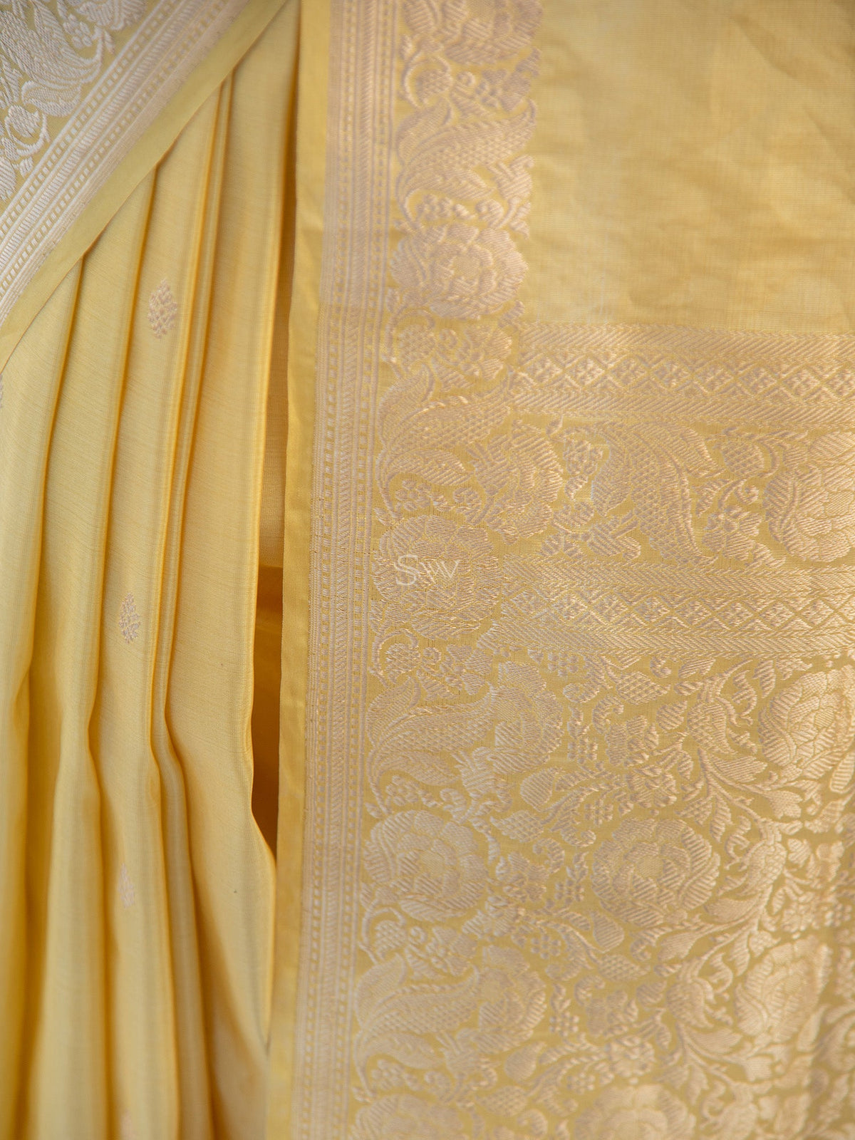 Lime Yellow Booti Tissue Katan Silk Handloom Banarasi Saree - Sacred Weaves